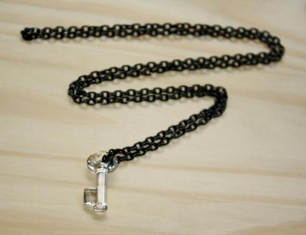 Swarovski Crystal Clear Key Necklace on Black Aluminum Cable Chain - 26" Inspired by Yoko Ono picture