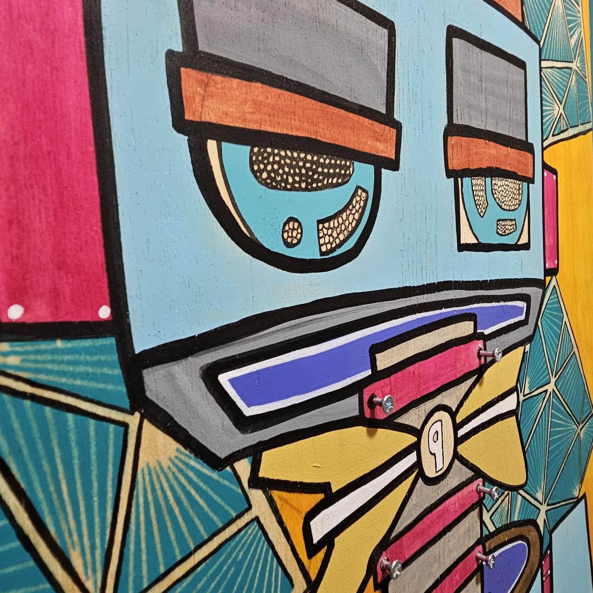 Heartware Update Required - Acrylic and Spray Paint Robot on wood canvas picture