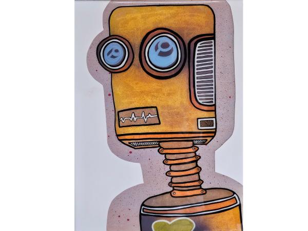 Retro Futuristic Robot Acrylic Painting on Wood - Epoxy Gloss Finish with Spray Accents picture