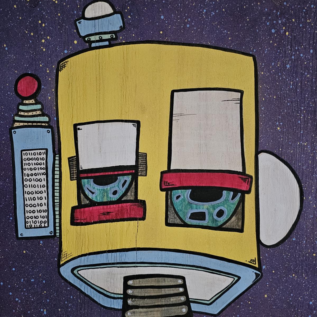 Robot Art - 'Percival Primo's Cosmic Quest' - Space-Themed Wall Art - Mixed Media - Original Handmade Painting with Frame - Sci-Fi Home Deco picture