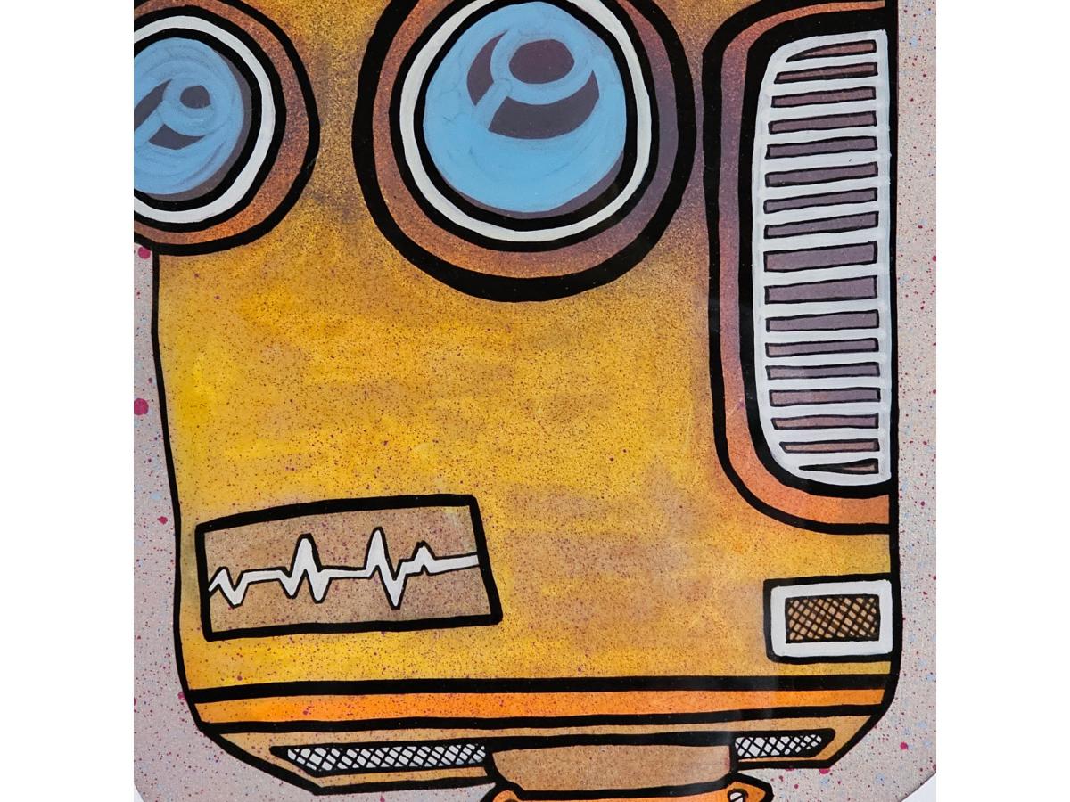 Retro Futuristic Robot Acrylic Painting on Wood - Epoxy Gloss Finish with Spray Accents picture