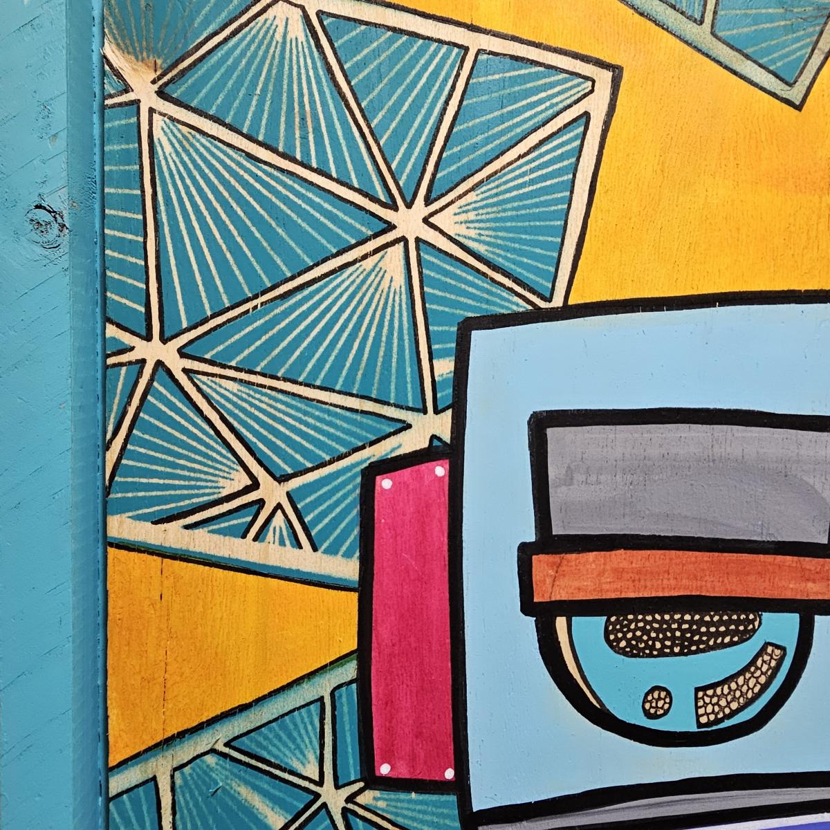 Heartware Update Required - Acrylic and Spray Paint Robot on wood canvas picture