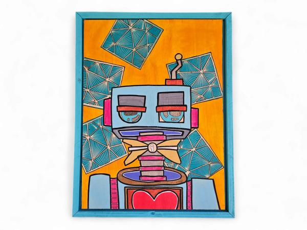 Heartware Update Required - Acrylic and Spray Paint Robot on wood canvas