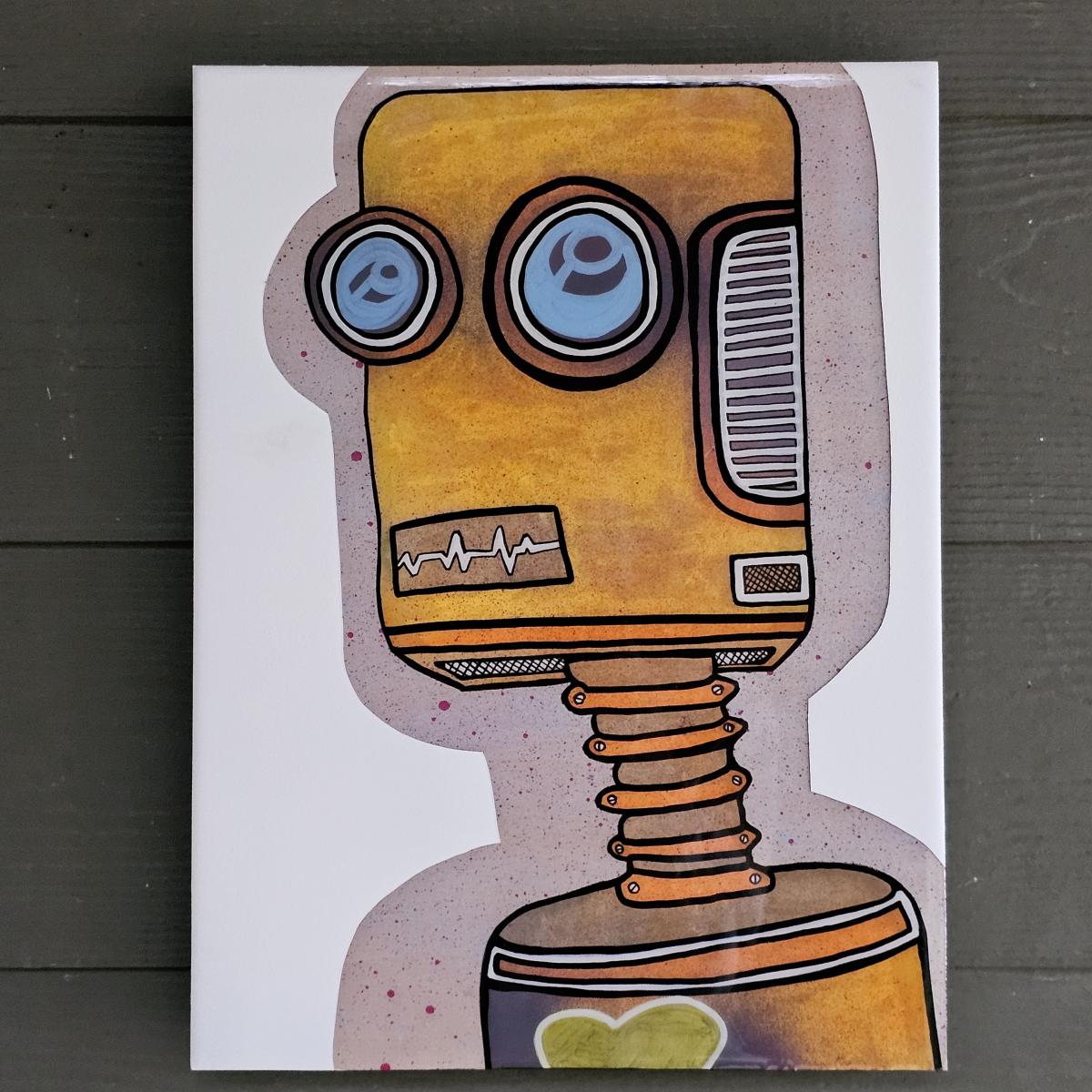 Retro Futuristic Robot Acrylic Painting on Wood - Epoxy Gloss Finish with Spray Accents picture