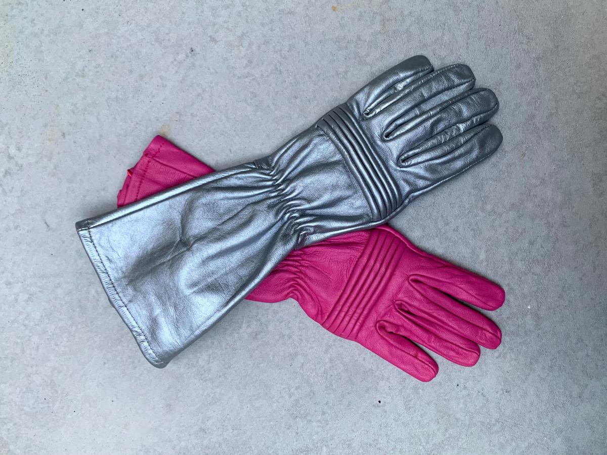 Rangers Dino Fury Gloves for Cosplay/Long gauntlet/Genuine Leather/Pink&Silver picture