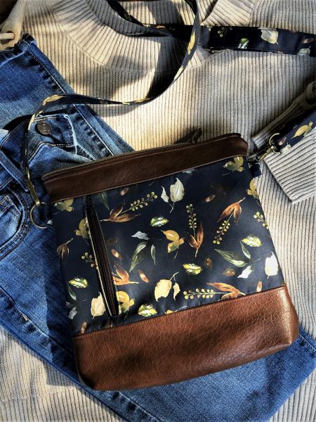 Crossbody bag - navy fall foliage, faux leather picture