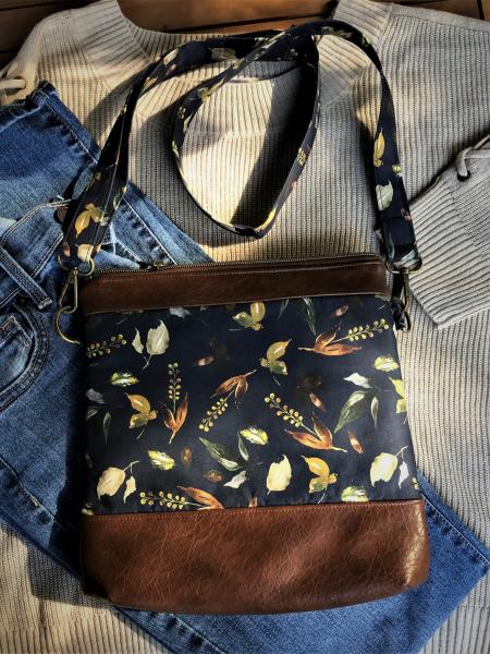 Crossbody bag - navy fall foliage, faux leather picture