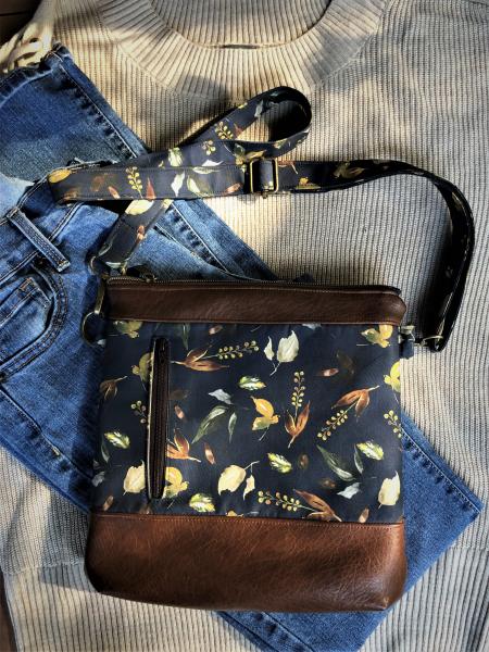 Crossbody bag - navy fall foliage, faux leather picture