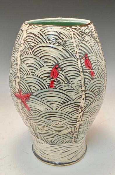 winter birch tree vase with cardinals