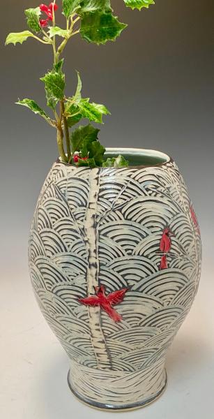 winter birch tree vase with cardinals picture