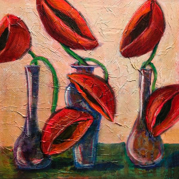 Six Poppies In Three Vases