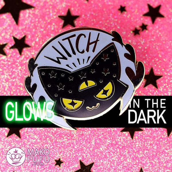 PIN 2" Fufukittens WitchCat Witch- Hard Enamel Gold Glow in the dark