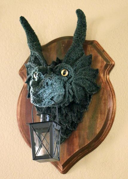 Mounted Dragon Head - Faux Taxidermy - Crochet Dragon Head - Guardian Dragon Lamp - Fantasy Wallhanging picture