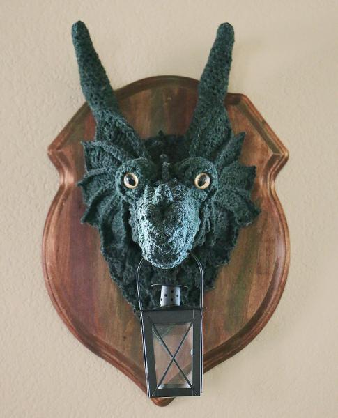 Mounted Dragon Head - Faux Taxidermy - Crochet Dragon Head - Guardian Dragon Lamp - Fantasy Wallhanging picture