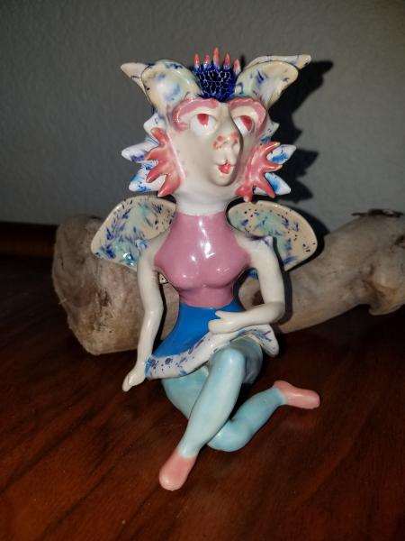 Orchid Sitting Fairy Sculpture - Pastel Pink and Blue - Fantasy Fairy Collection