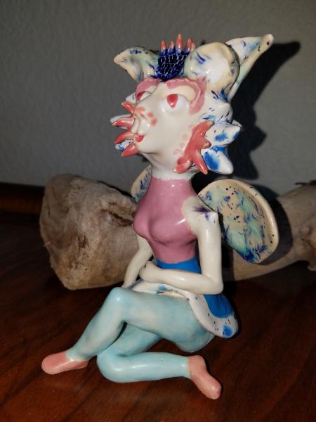 Orchid Sitting Fairy Sculpture - Pastel Pink and Blue - Fantasy Fairy Collection picture