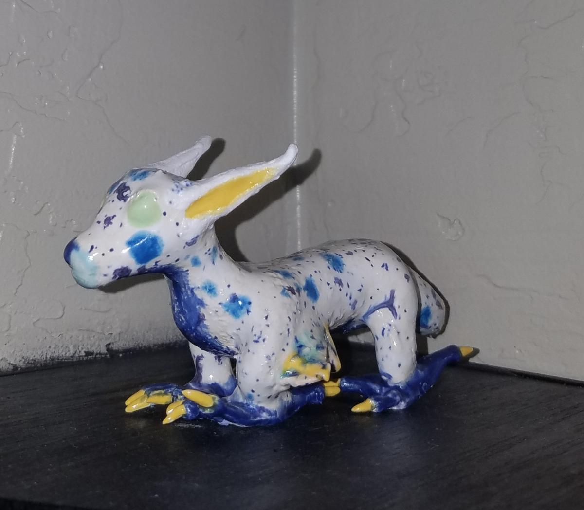 Ceramic Textured Fantasy Cat Sculpture- White, Blue, Yellow picture