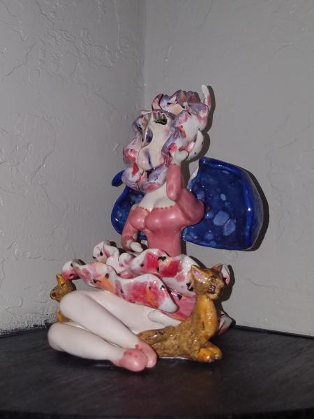 Orchid Fairy with 2 cats - Ceramic Handmade Sculpture picture