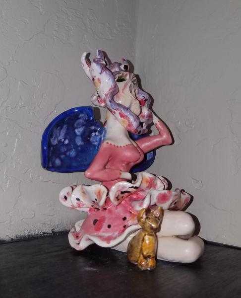 Orchid Fairy with 2 cats - Ceramic Handmade Sculpture picture