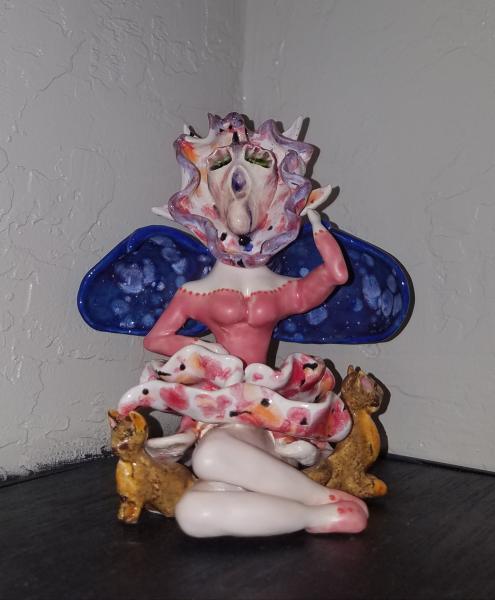 Orchid Fairy with 2 cats - Ceramic Handmade Sculpture