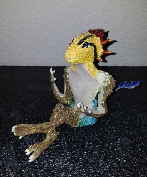 Ceramic Skink Lizard Sitting Sculpture- Yellow, Green, Blue picture