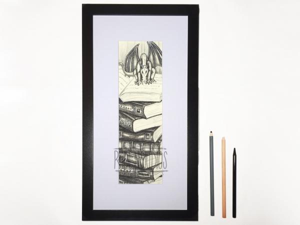 Adventure Hoard | Fantasy Charcoal Drawing | Matted + Framed Original, 4x12 Print, Metal Bookmark