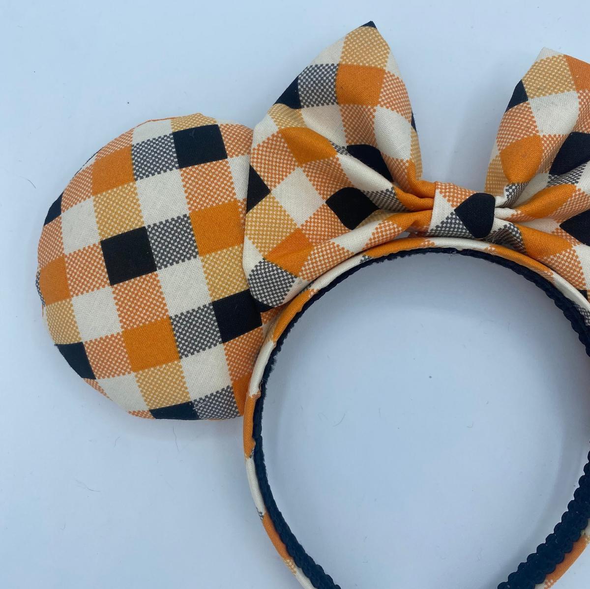 Orange, Black, and White Plaid Minnie Mouse Ears | Halloween Minnie Ears picture