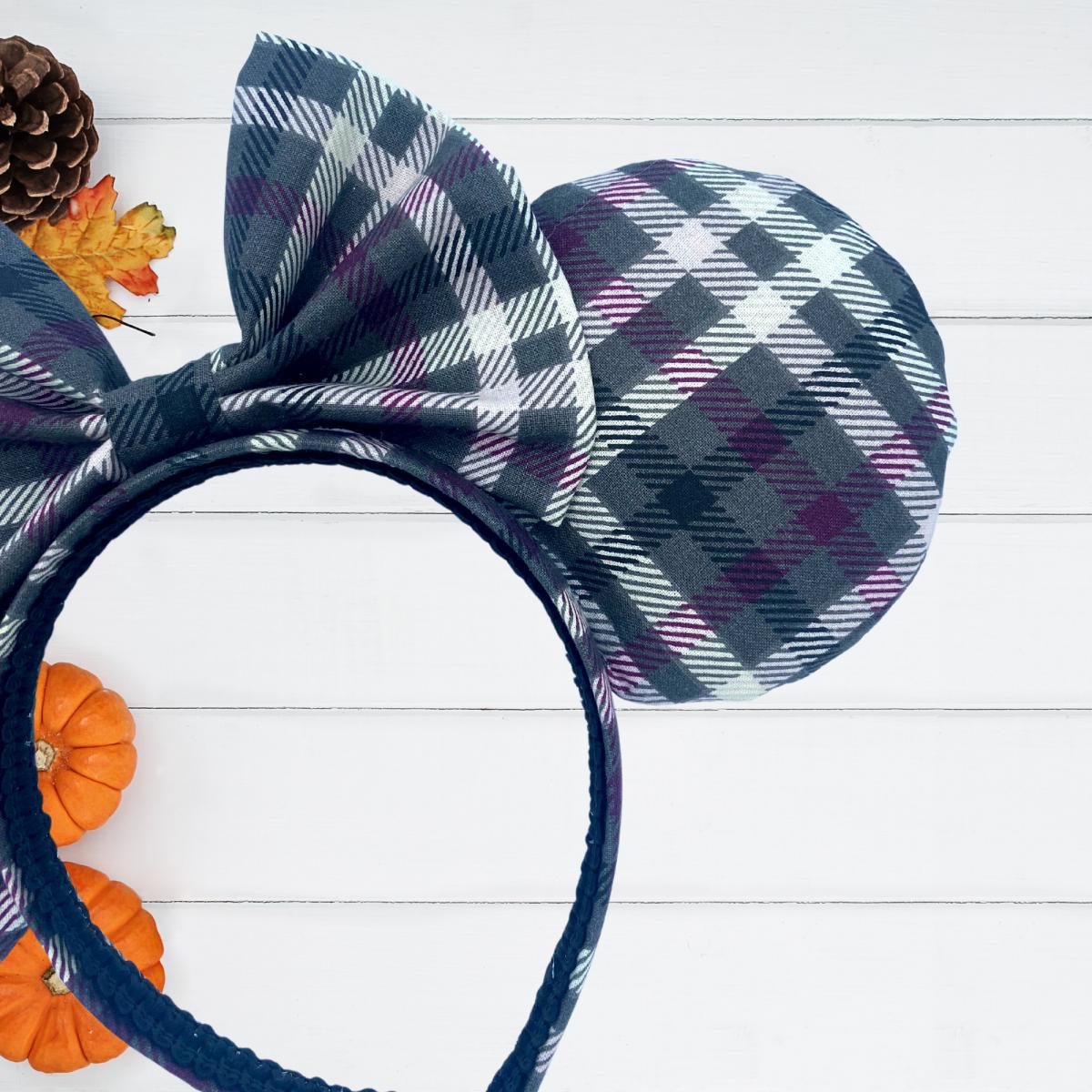 Gray, White, and Purple Plaid Minnie Mouse Ears for Autumn | Halloween Minnie Ears picture