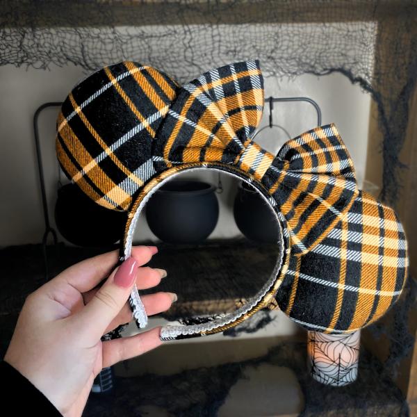 Orange & Black Plaid Minnie Ears | Halloween Disney Ears picture