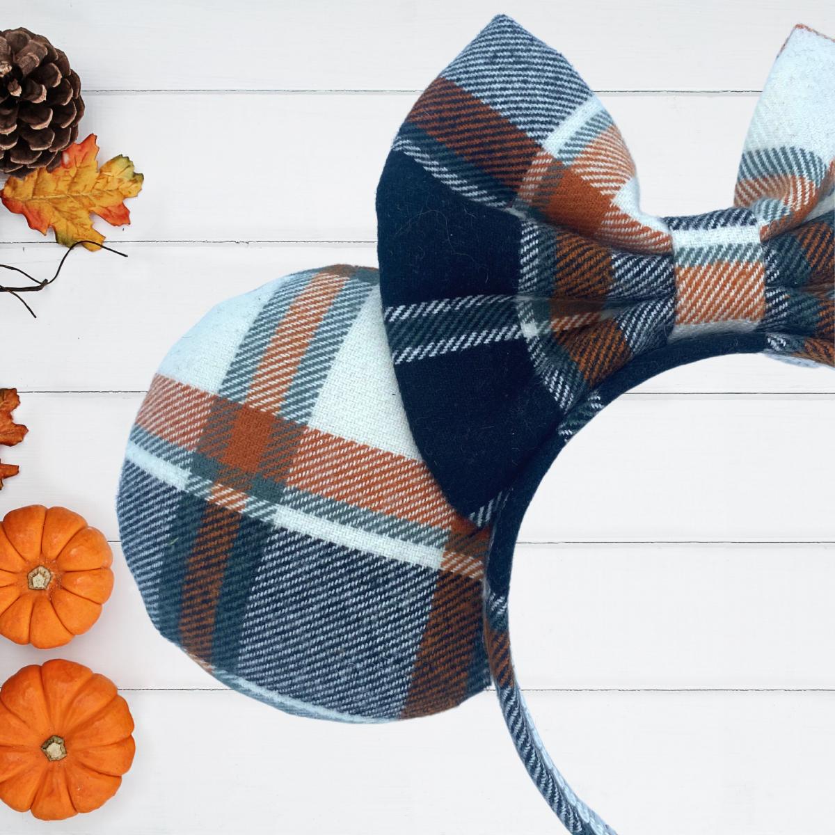 Orange, Blue, & White Plaid Minnie Mouse Ears for Fall | Halloween Minnie Ears picture