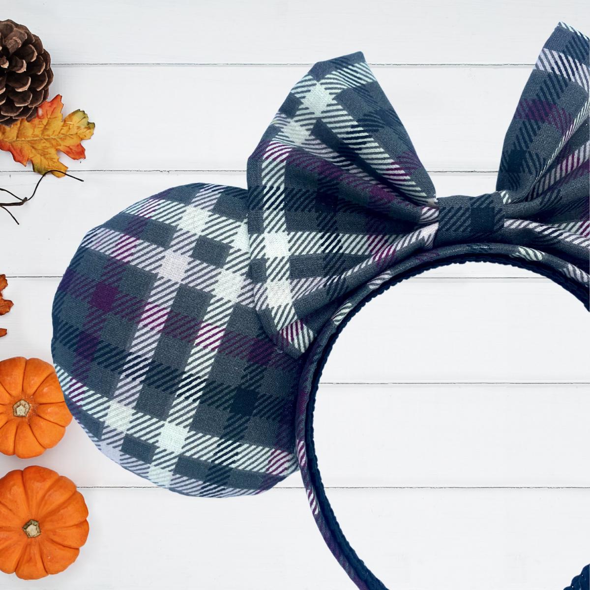 Gray, White, and Purple Plaid Minnie Mouse Ears for Autumn | Halloween Minnie Ears picture