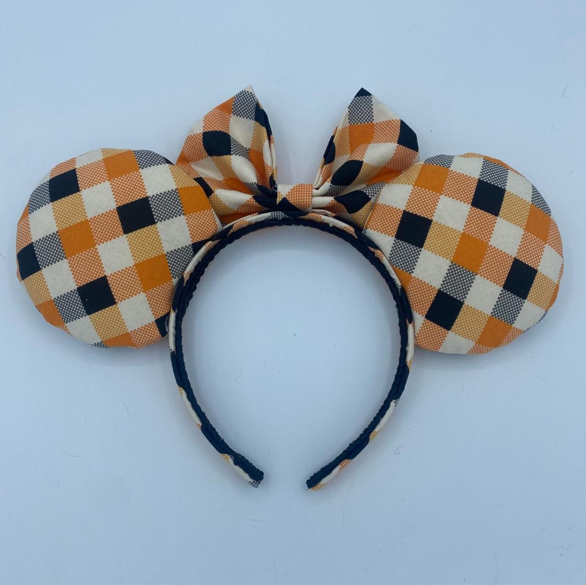 Orange, Black, and White Plaid Minnie Mouse Ears | Halloween Minnie Ears picture