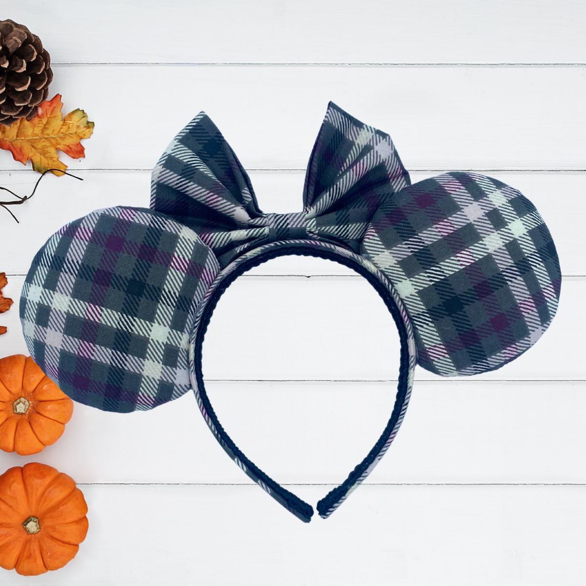 Gray, White, and Purple Plaid Minnie Mouse Ears for Autumn | Halloween Minnie Ears picture