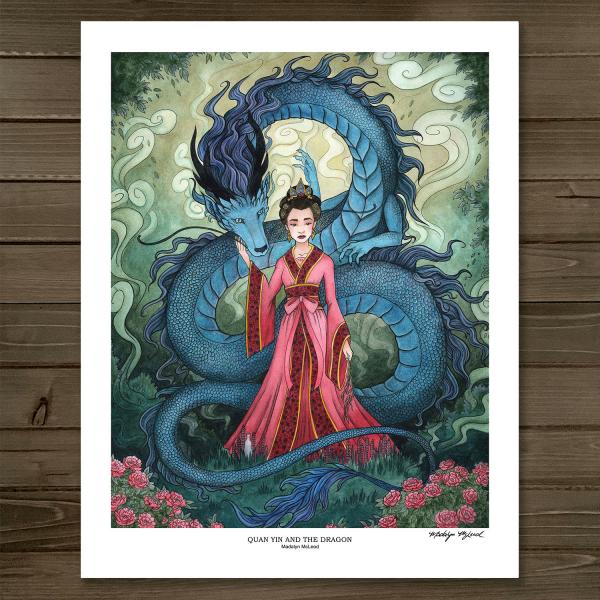 EMBELLISHED - Quan Yin and the Dragon 11x14 Fantasy Art Print picture