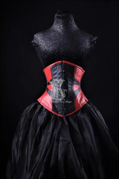 Geometric Black and Red Leather Underbust Corset