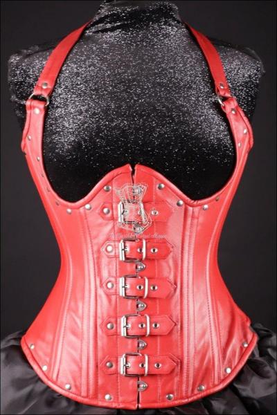 Buckle Halter Red Leather Corset