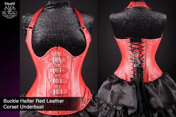 Buckle Halter Red Leather Corset picture