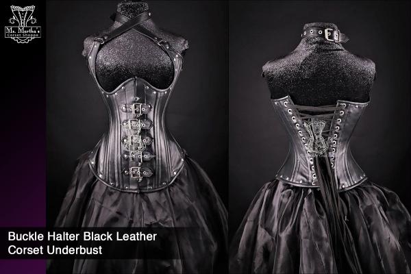 Buckle Halter Black Leather Corset picture