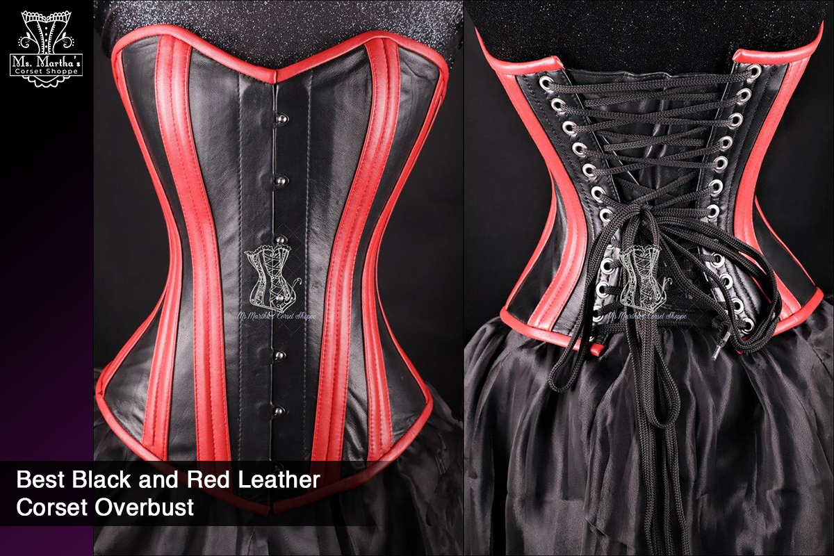 Best Black and Red Leather Steel Boned Over Bust Corset picture