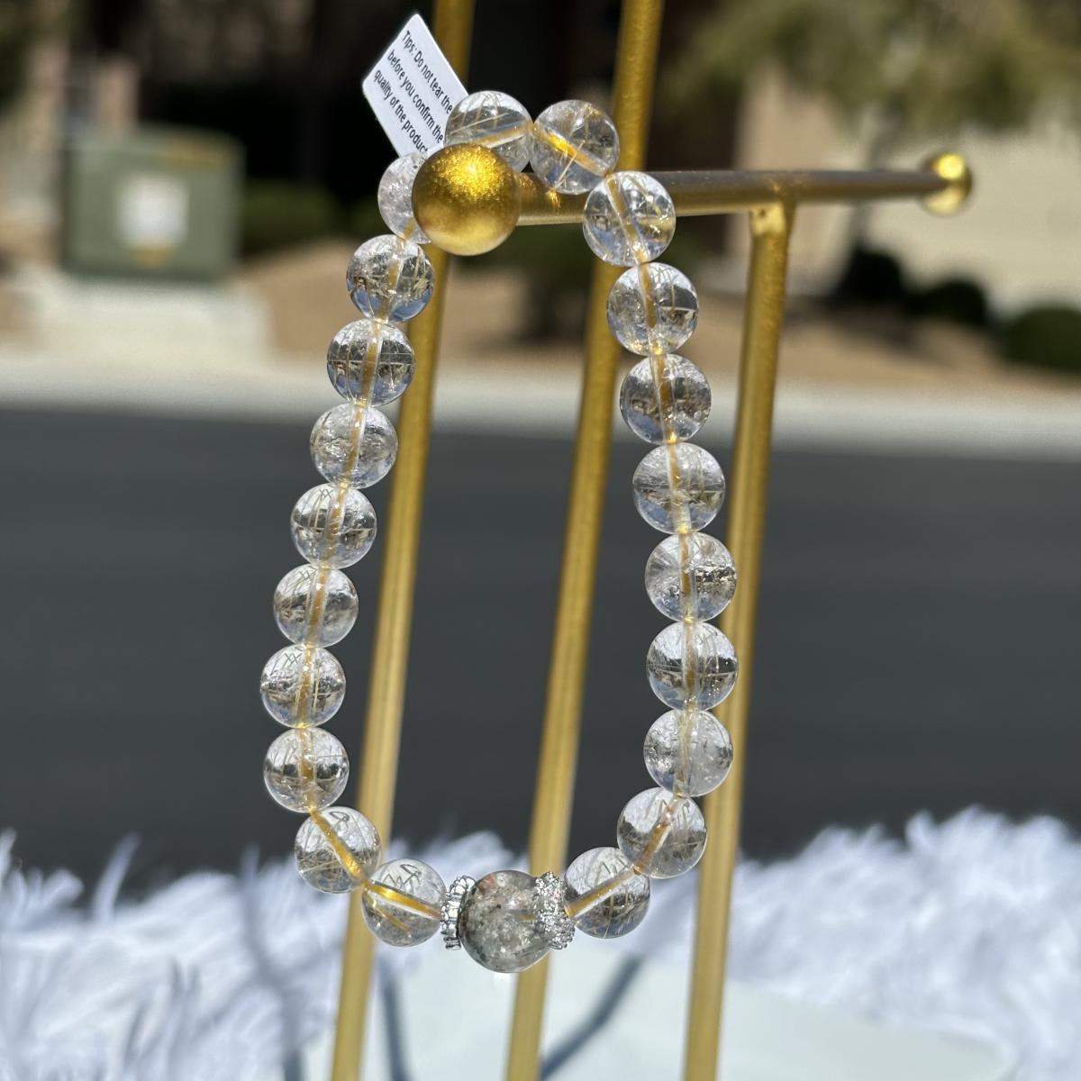 Golden Rutilated Quartz Bracelet | 8mm Beads with 10mm Phantom Quartz Center | Wealth & Clarity Crystal Jewelry picture