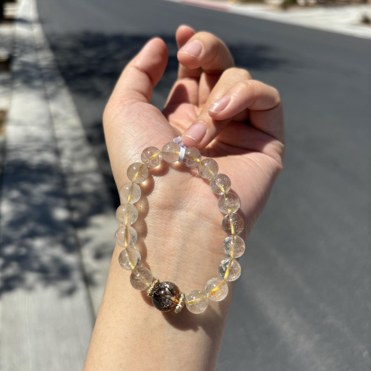 Golden Rutilated Quartz Bracelet | 8mm Beads with 10mm Phantom Quartz Center | Wealth & Clarity Crystal Jewelry picture