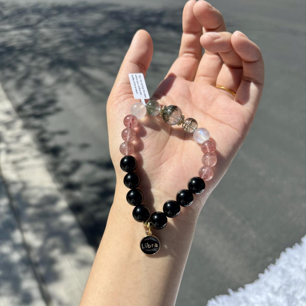 Libra Zodiac Bracelet – Green Phantom Crystal, Moonstone, Strawberry Quartz & Black Onxy picture