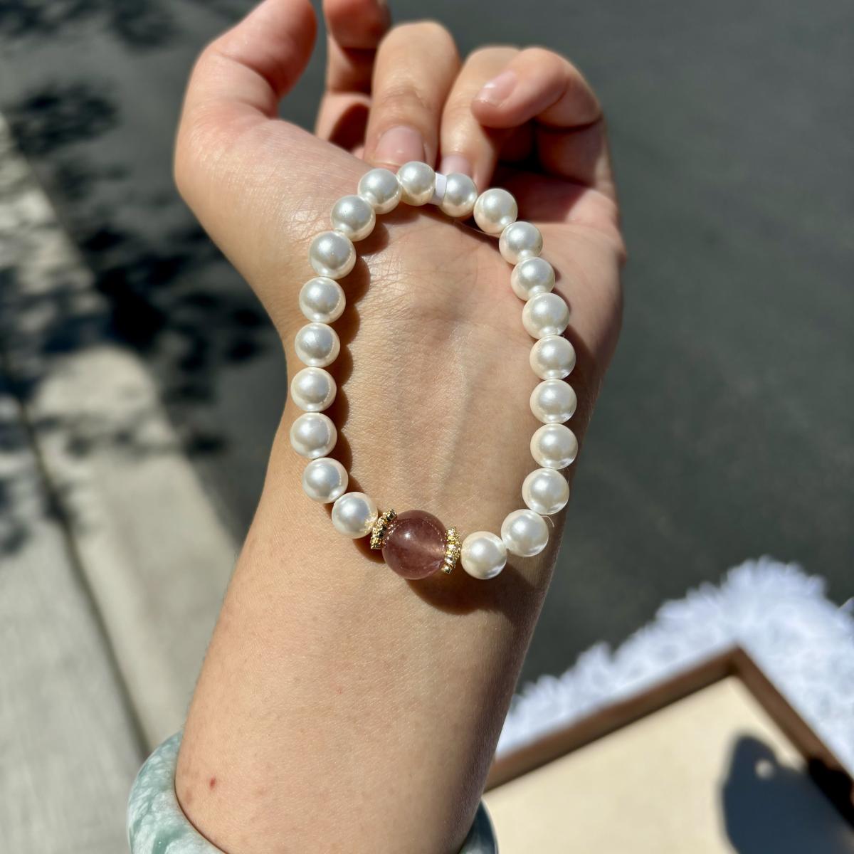 Natural Gemstone & Pearl Bead Bracelet, Choose from Strawberry Quartz, Green Fluorite, or Amethyst picture