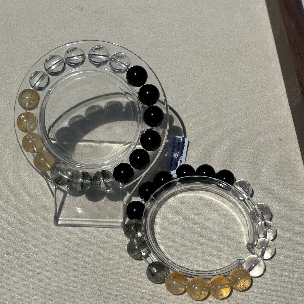 Natural Crystal Bracelet | 10mm Clear Quartz, Phantom Green Quartz, Citrine & Obsidian | Abundance Protection picture