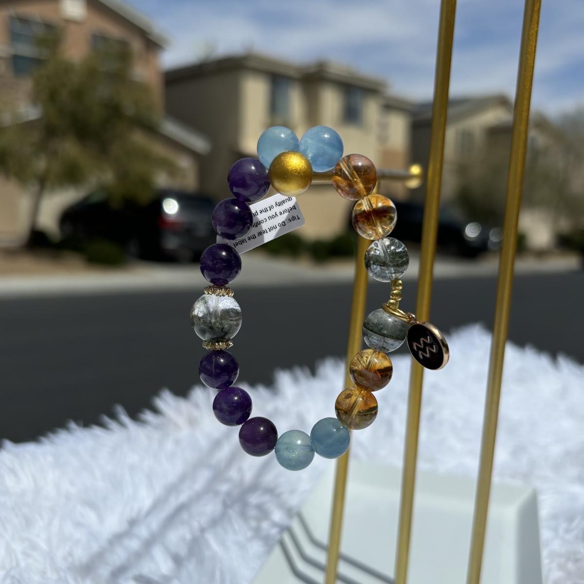 Aquarius Zodiac Bracelet – Green Phantom Crystal, Aquamarine, Natural Amethyst & Citrine picture
