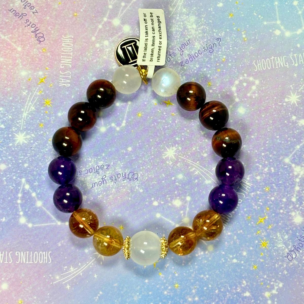 Gemini Zodiac Bracelet &ndash; Natural Amethyst, Citrine, Red Tiger&rsquo;s Eye & Moonstone Crystals picture