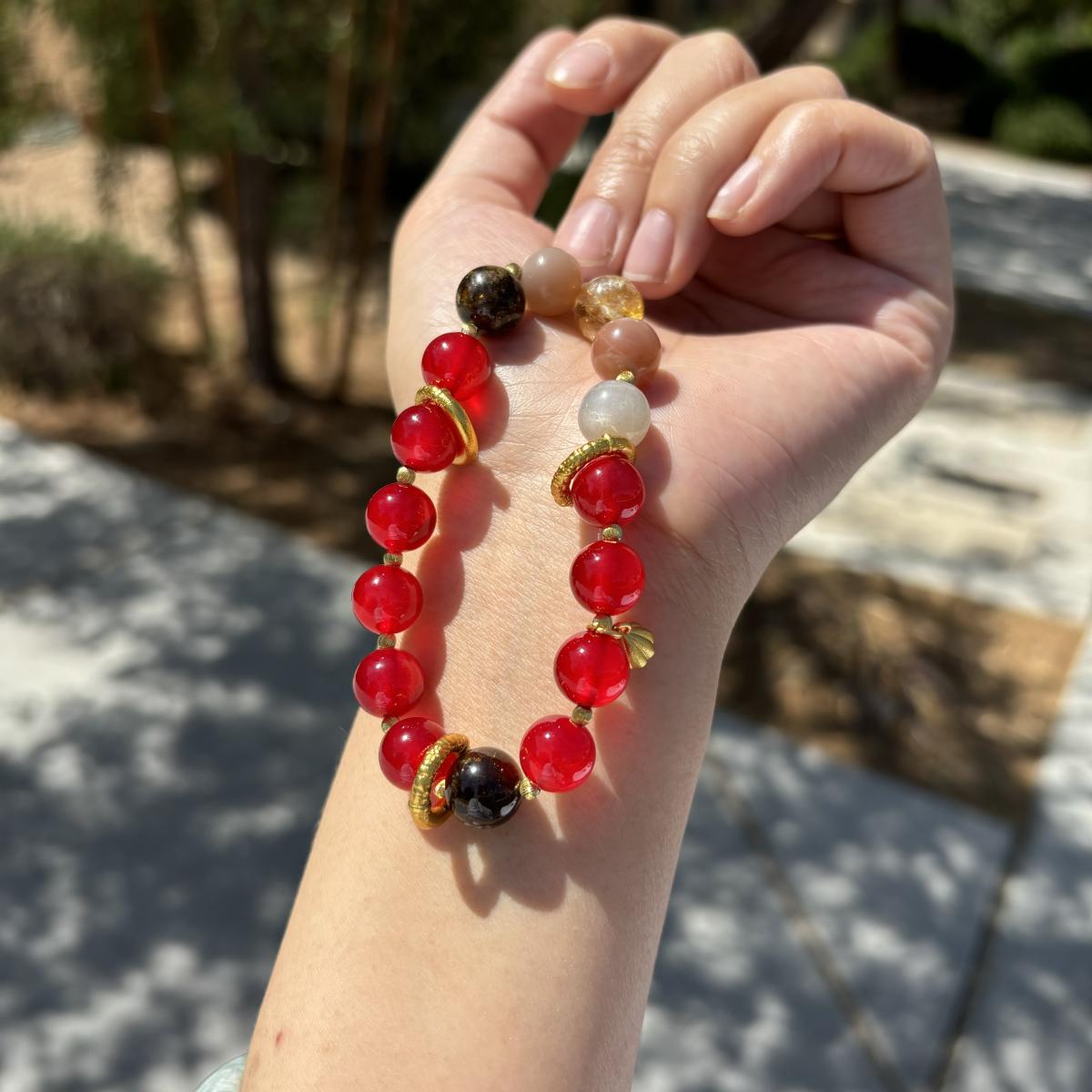 Nezha-Inspired Crystal Bracelet | 10mm Red Agate, Moonstones and Citrine | Courage, Protection & Balance picture