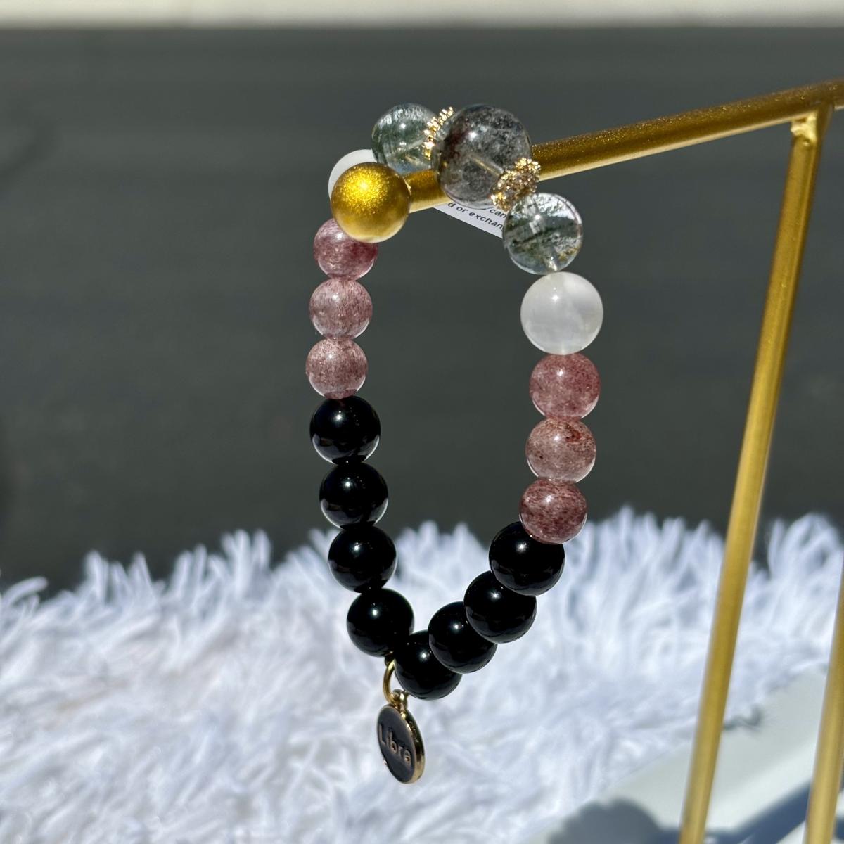 Libra Zodiac Bracelet – Green Phantom Crystal, Moonstone, Strawberry Quartz & Black Onxy picture