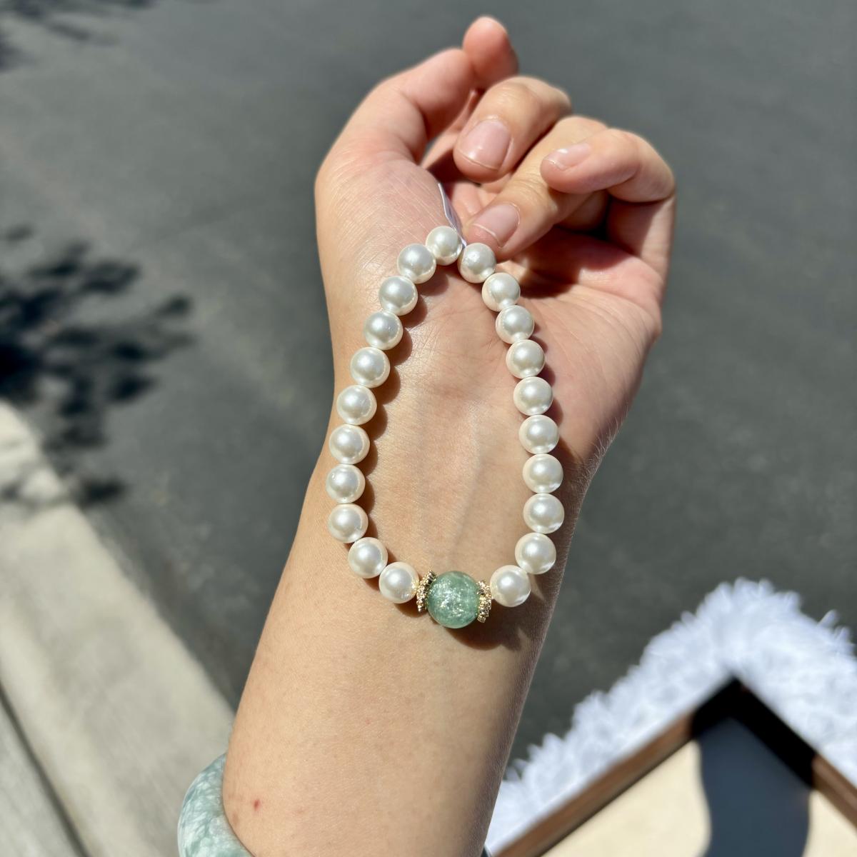 Natural Gemstone & Pearl Bead Bracelet, Choose from Strawberry Quartz, Green Fluorite, or Amethyst picture