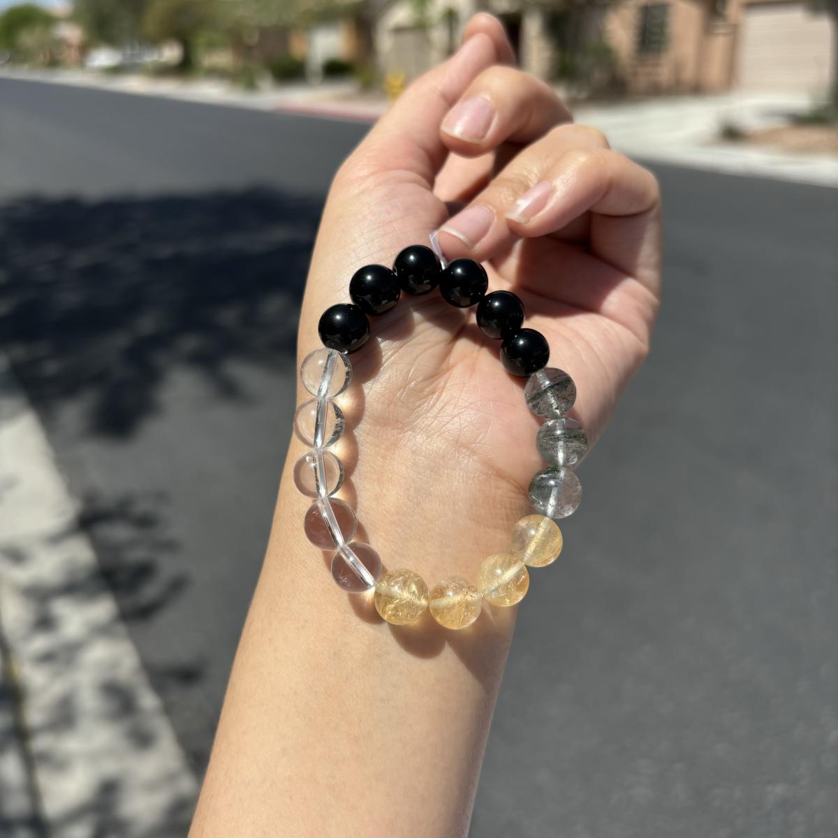 Natural Crystal Bracelet | 10mm Clear Quartz, Phantom Green Quartz, Citrine & Obsidian | Abundance Protection picture